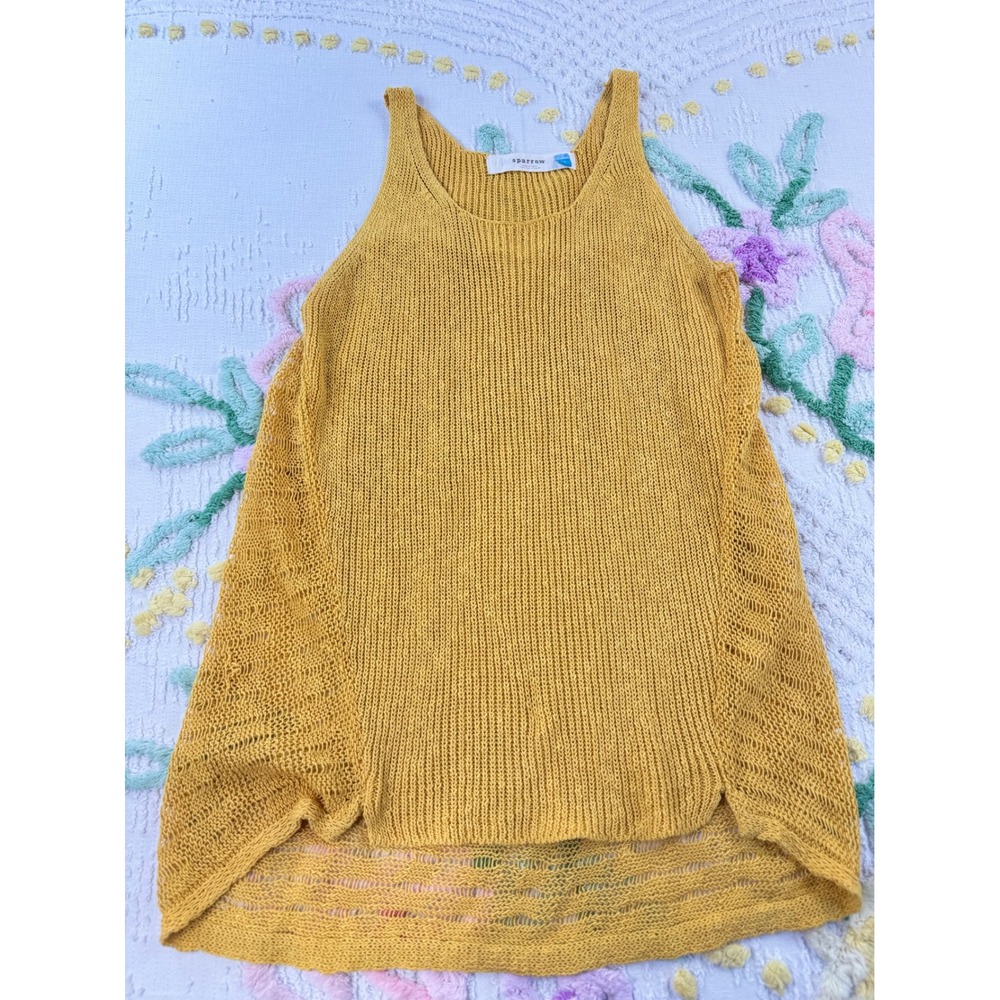 Sparrow Anthropologie Mustard Yellow Open Knit Linen Blend Tank Top High Low Hem